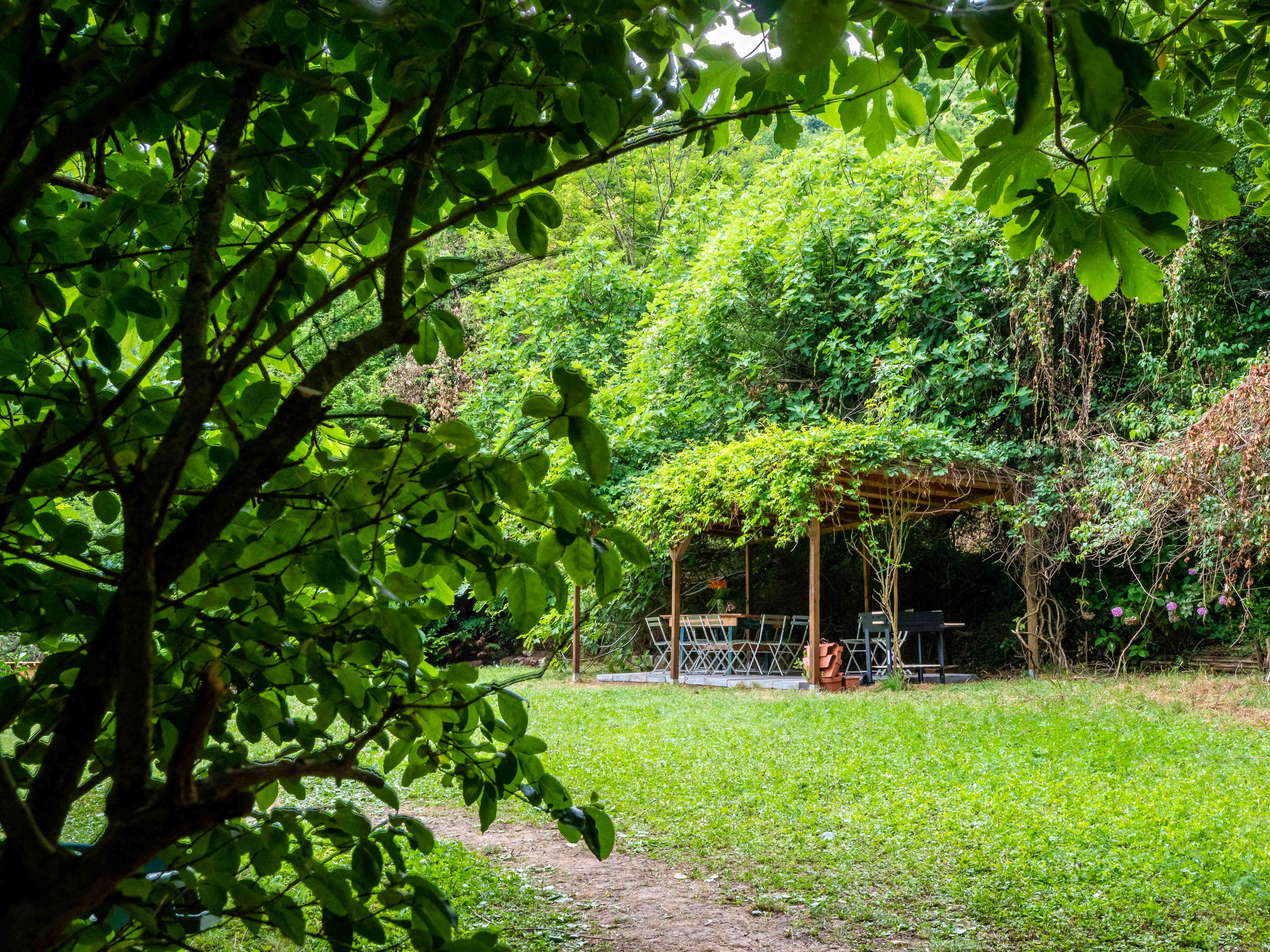 Pergola dining area viewed from across the expansive gardens