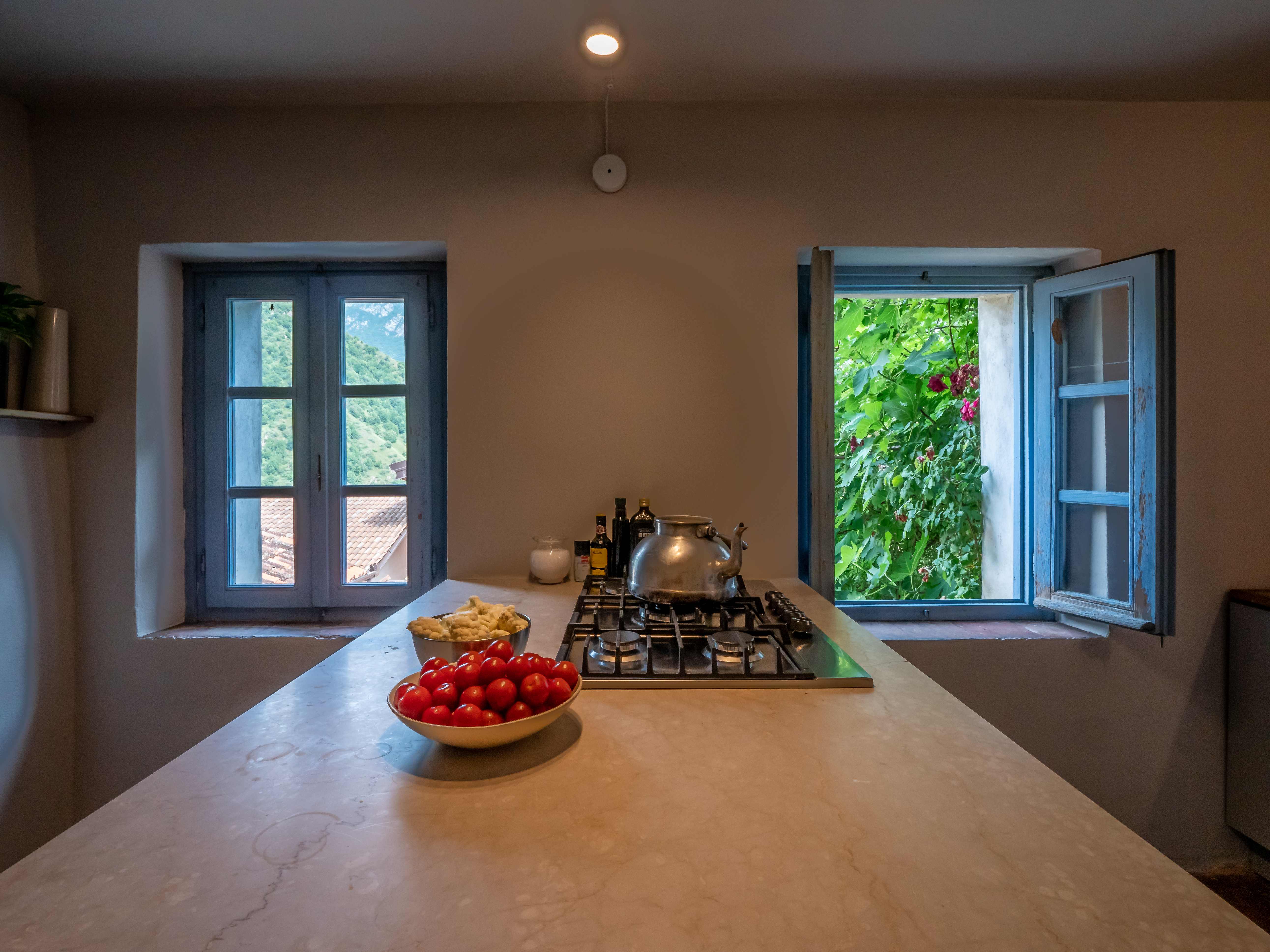 Marble countertop with fresh tomatoes and mountain views