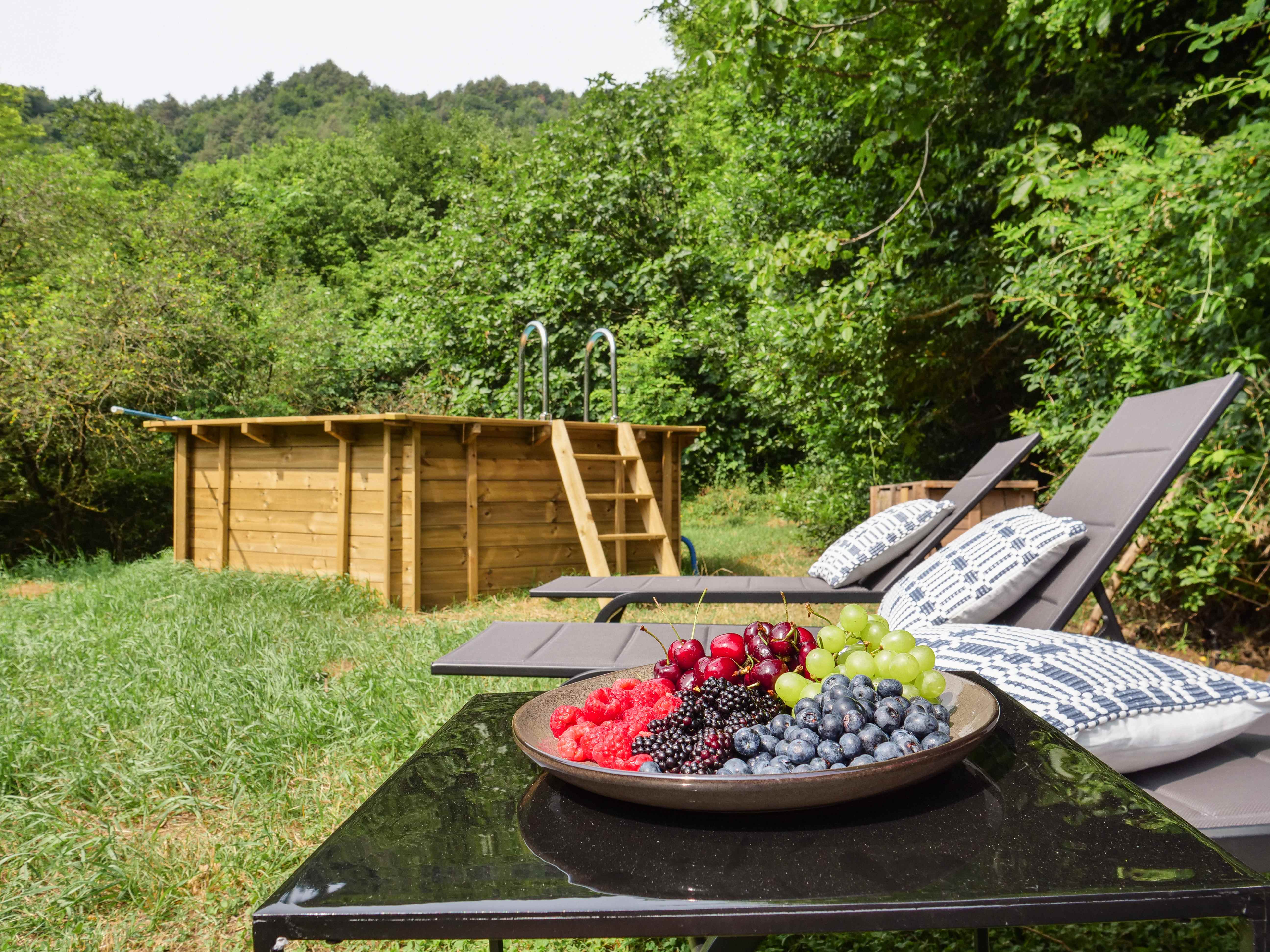 Wooden pool surrounded by lush forest with fresh fruit service